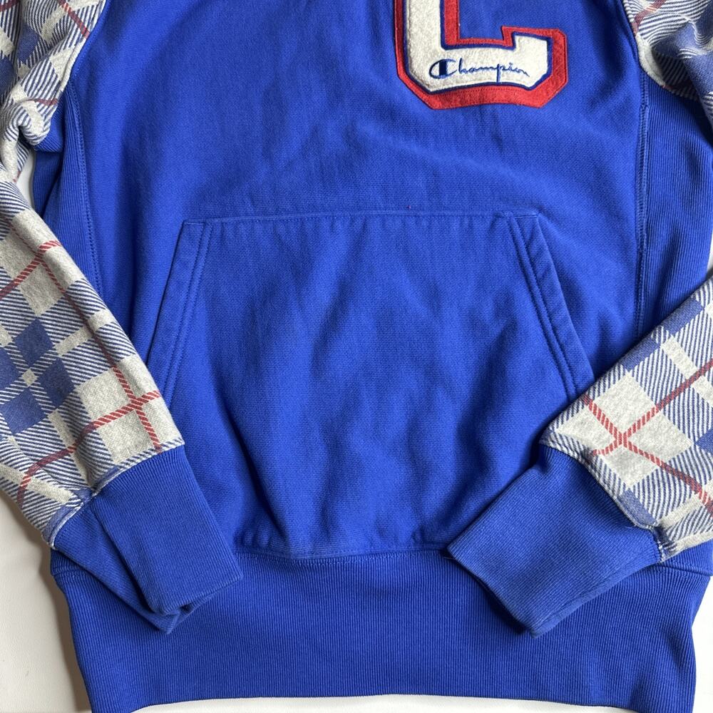 Vintage Champion Mens Small Reverse Weave Pullover Hoodie Pocket Blue Plaid - Picture 7 of 12
